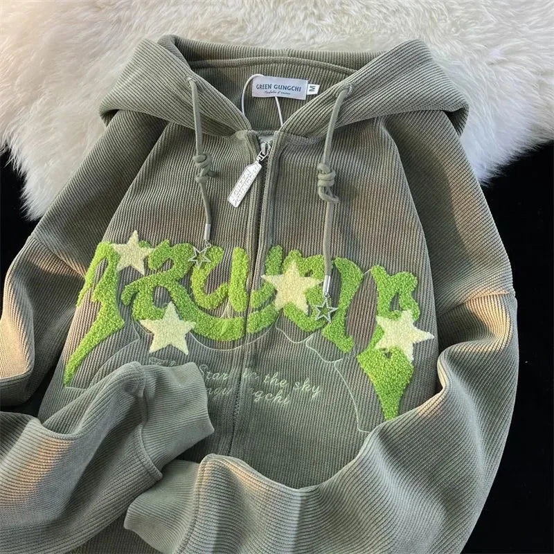 Threebooy Fashion Embroidery Zip Up Hoodies Women Autumn Long Sleeve Tops Loose Hood Shirt Harajuku Y2K Clothes Female Sweatshirt Jacket