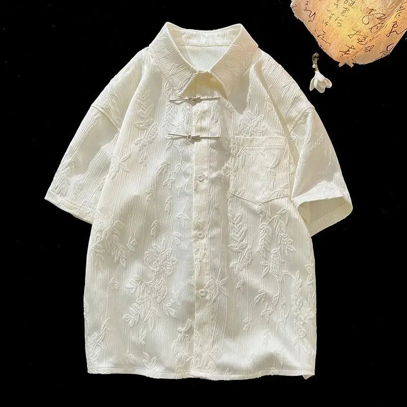 Threebooy Summer Short-sleeved Shirt Men's New Chinese Men's National Trend Shirt Loose Large Size Metal Button Couple's Top Aesthetic