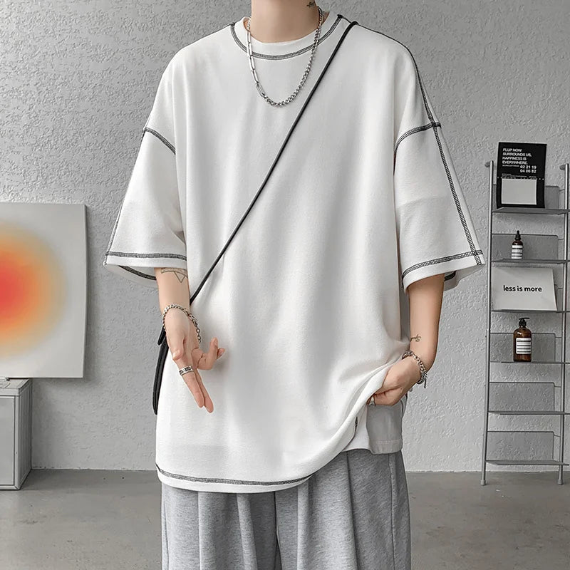 Threebooy  Summer Short Sleeve T-shirt Men Fashion 3 Colors Oversized T Shirt Men Streetwear Hip Hop Loose O-Neck Tshirt Mens Top S-2XL