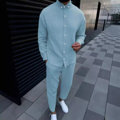 Threebooy  Spring and autumn men's cotton and linen lapel comfortable casual shirt set fashion long sleeve cargo pants solid color two-piec