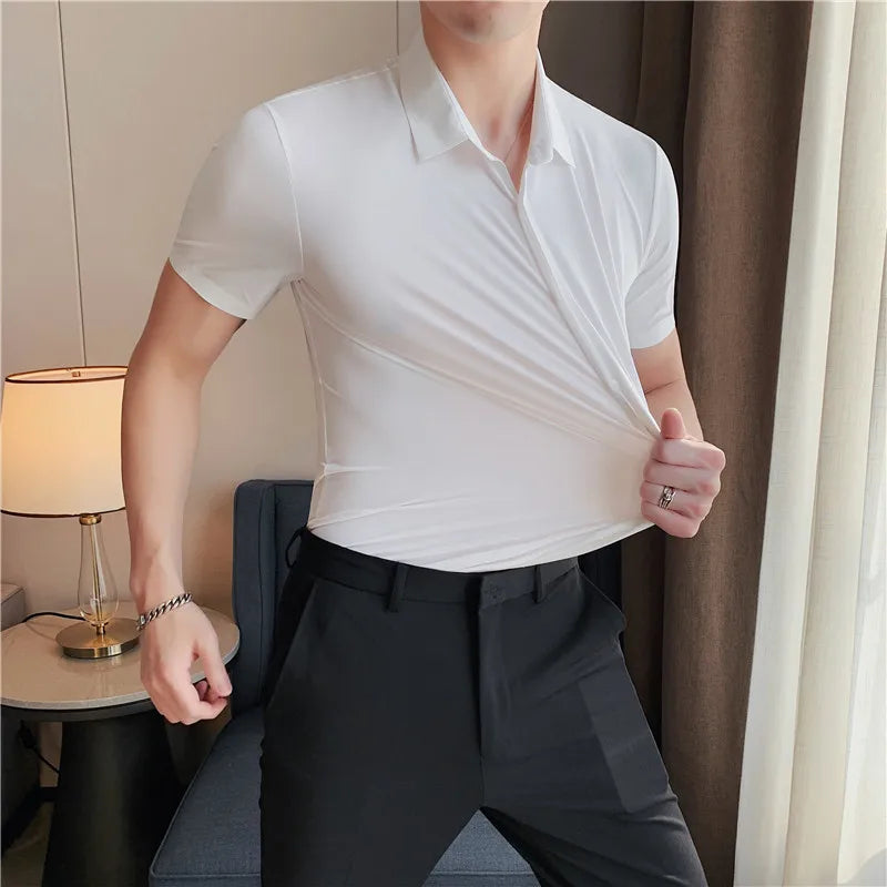 Threebooy High Quality Summer Elastic Ice Silk Short Sleeve Shirts Men Clothing Simple Luxury Slim Fit Business Casual Formal Wear Blouses