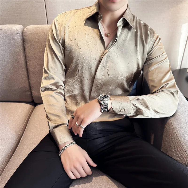 Threebooy Men's Summer Casual Long-sleeved Ice Silk Shirts/Male Slim Fit High Quality Lapel Business Dress Shirt  Homme Tosp S-3XL