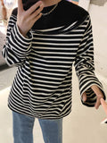 Threebooy Wide Streetwear Open Shoulder Zipper Fake Two Pieces Stripe Long Sleeve Top Men's Loose Long Sleeved T-shirt Spring