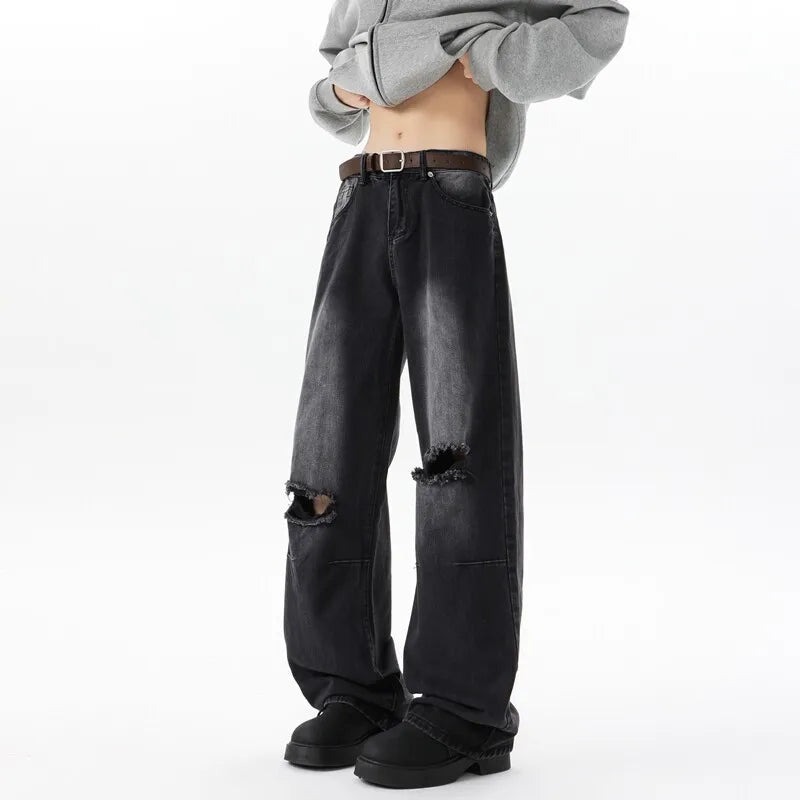 Threebooy  Straight Loose Wide Leg Jeans Mens Washed Classic Trousers Ripped Destroyed Drag Floor Length Bulk Wholesale Trendy Streetwear