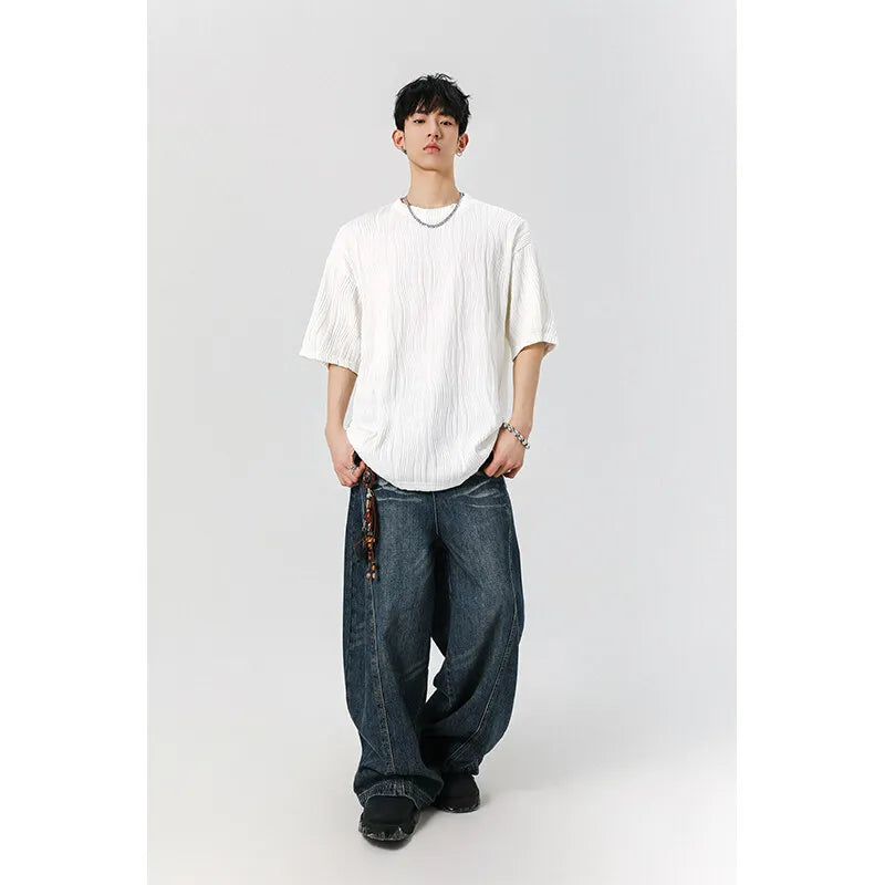 Threebooy Round Neck Ice Silk Pleated T-Shirt Men's Quick Drying Breathable Casual T Shirt Leisure Sport T-shirt Men Plus Size 8XL-M