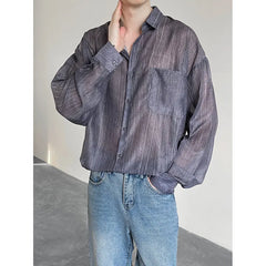 Threebooy Spring Summer Ice Silk Striped Shirts Men Korean Fashion Simple Long Sleeve Turn Down Collar Blouse Casual Loose Thin Tops