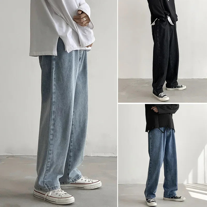 Threebooy Autumn Winter New Solid Color Fashion Jeanstrousers Man High Street Casual Zipper Pockets All-match Y2K Straight Pants