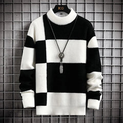 Threebooy Warm Autumn Winter Sweaters Men Casual Patchwork Color Knitted Pullovers Office Male Plaid Round Neck Sweater Man