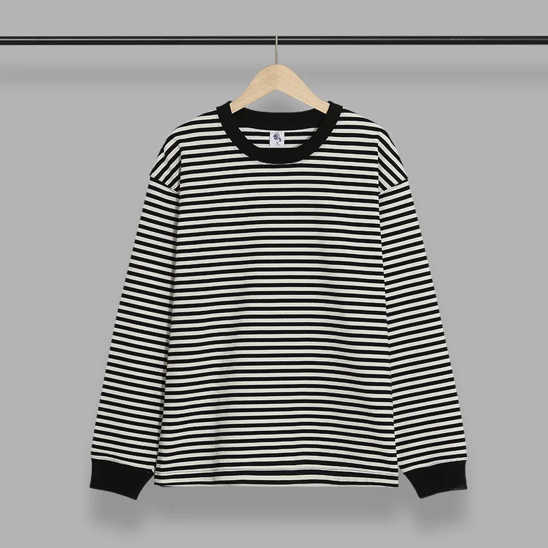 Threebooy  Teenage Style 280gsm Striped Long Sleeved T-shirt Men's Loose Casual Base Tee Shirt
