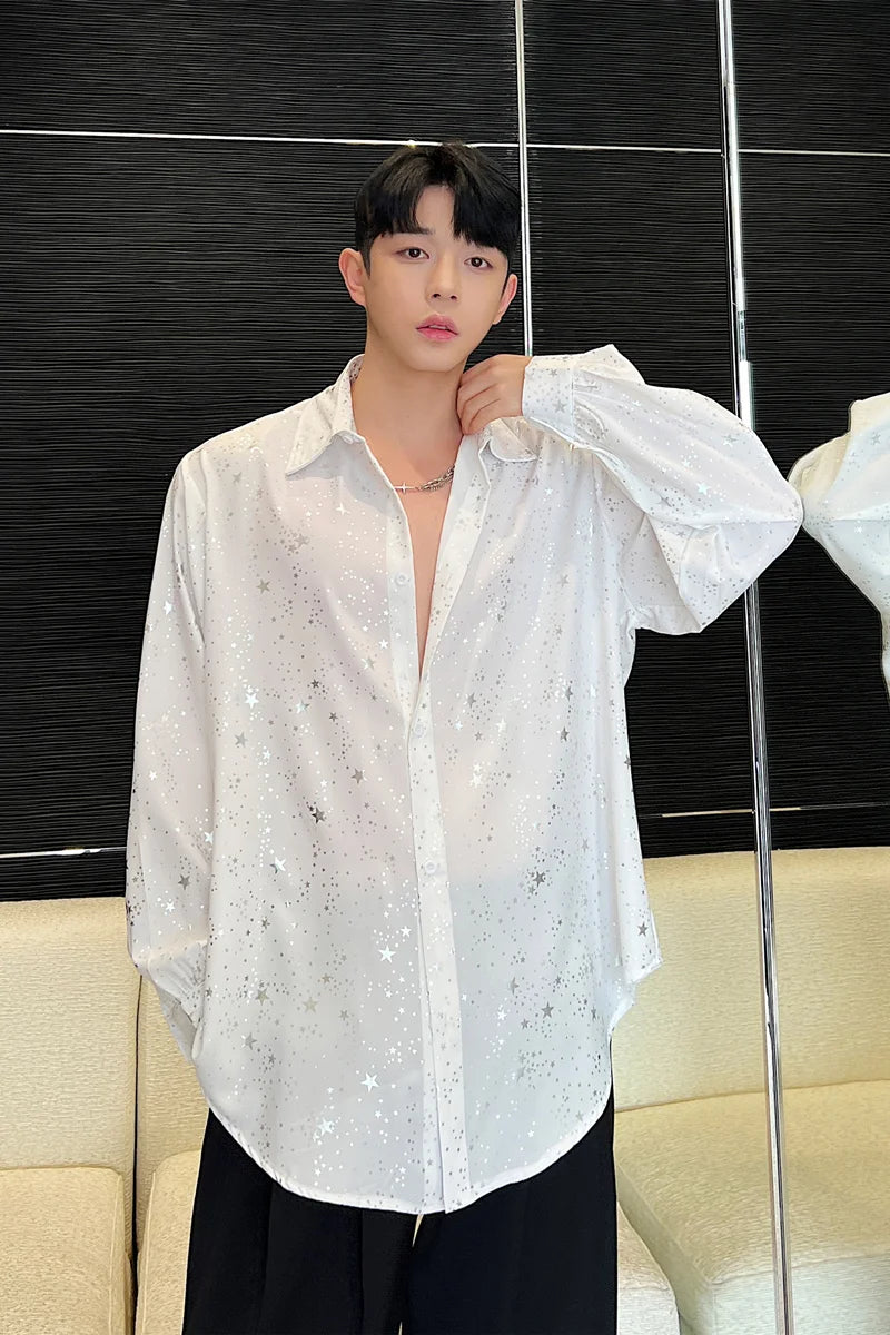 Threebooy Spring New Male Casual Chiffon Shirts Men's Lapel Niche Desgin Shirt Long Sleeve Shirt Male Stage Show Dress Shirt