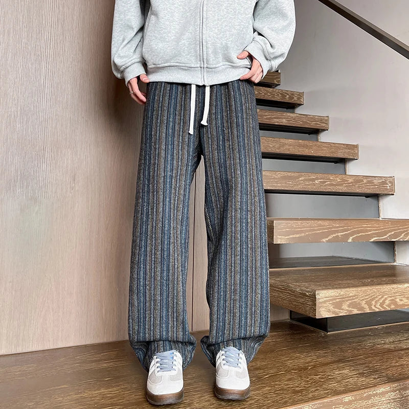 Threebooy Spring Casual Pants Men Fashion Retro Striped Pants Men Streetwear Hip-hop Loose Wide Leg Pants Mens Vintage Trousers M-3XL