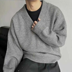 Threebooy  Winter New Men's Solid Color V-Neck Long Sleeve Sweater Korean Retro Fashion Trendy High Street Loose Casual Simple Men's Top