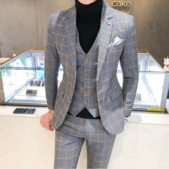 Threebooy (Jacket+Vest+Pants) Men Dress Suits British 3Piece Men Wedding Suit Autumn Men Business Formal Plaid Suit Male Luxury Slim Dress