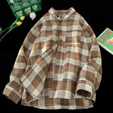 Threebooy Korean Street Plaid Shirt Coat Men's Long Sleeve Turn Down Collar Casual Shirts Vintage College Style Unisex Fashion Clothing