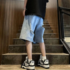 Threebooy 2024 Summer Men's Vintage Fashion Hiphop Hole Denim Shorts Male Wide Leg Five-Point Pants Men Loose Jeans Short Pants