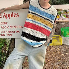 Threebooy  Elegant Fashion Harajuku Slim Fit Ropa Hombre Loose Casual All Match Knitwear Stripe Hollow Out Tshirts O Neck Sleeveless Vest