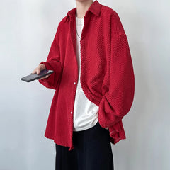 Threebooy Pineapple Velvet Men's Casual Long Sleeve Button Shirt Coat Outwear Autumn Turn Down Collar Oversize Shirts Red/Black/Dark Gray