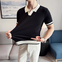 Threebooy  Summer Contrast Color Knitted Polo Shirt Men Ice Silk Breathable Short Sleeve Knitted T-shirt Lapel Casual Business POLOS