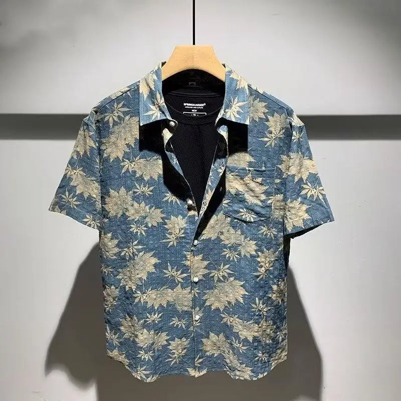 Threebooy Summer High-end Maple Leaf Floral Shirt Men's Loose and Light Style Handsome and Fashionable Short Sleeves