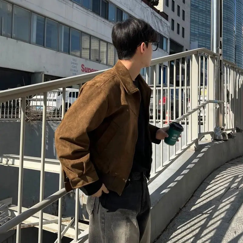 Threebooy Elegant Solid Brown Coat Men's Spring Autumn High-end Loose Lapel Plush Top Winter New Zipper Short Jacket Vintage Streetwear