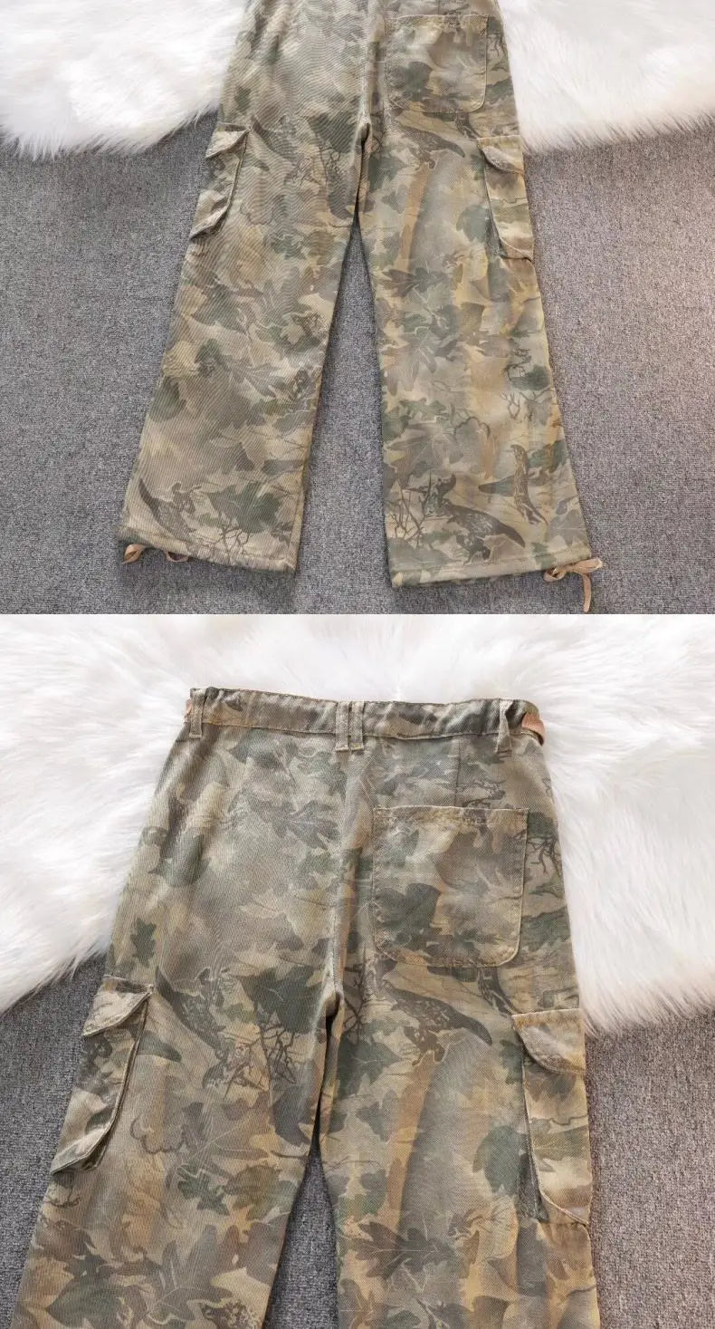 Threebooy Gothic Harajuku American Camouflage Drawstring Casual Trousers Leaf Pattern High Street Hip Hop Y2k Straight Leg Wide Leg Pants