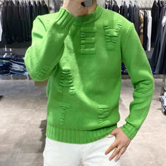 Threebooy Men's Clothing Letter Crewneck Knit Sweater Male Round Collar Green Pullovers Korean Fashion Sheap Jumpers Loose Fit Sweat-shirt