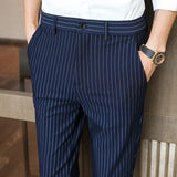 Threebooy Striped Navy Blue Pants Men Elegant Slim Fit Tight-ankle Suit Trousers Pants For Men Office Party Trousers Mens Dress Pants