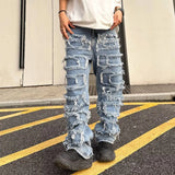 Threebooy Individualized patch jeans men  American high street hip-hop fried street beggar pants blue loose small crowd mopping