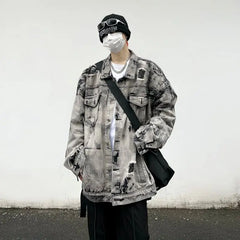 Threebooy Casual Tie Dyed Coat Men's Broken Hole High Street Harajuku Fashion Jacket Loose Korean Street Vintage Coat