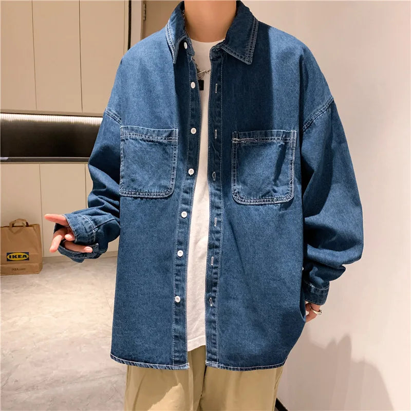 Threebooy  Denim Long-sleeved Shirt Men's Solid Color Autumn Korean Style Trendy Simple Shirt Hong Kong Style Loose and Handsome Ins Jacket