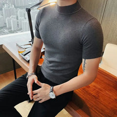 Threebooy  Half Turtleneck Men's T-Shirts Autumn Winter Short-sleeved Sweater Tight Mid-collar Solid Color Thread Slim Base Shirt
