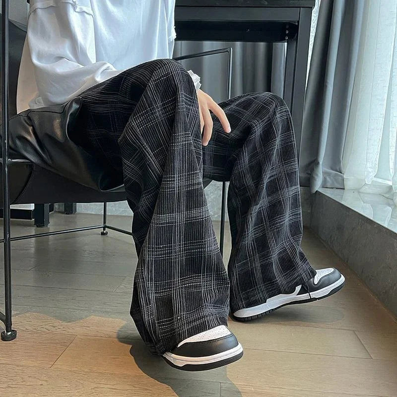 Threebooy Check Trend Plaid Baggy Trousers For Men Loose Classic Korean Style Designer Clothes Big Size Harajuku Fashion Casual Pants Man