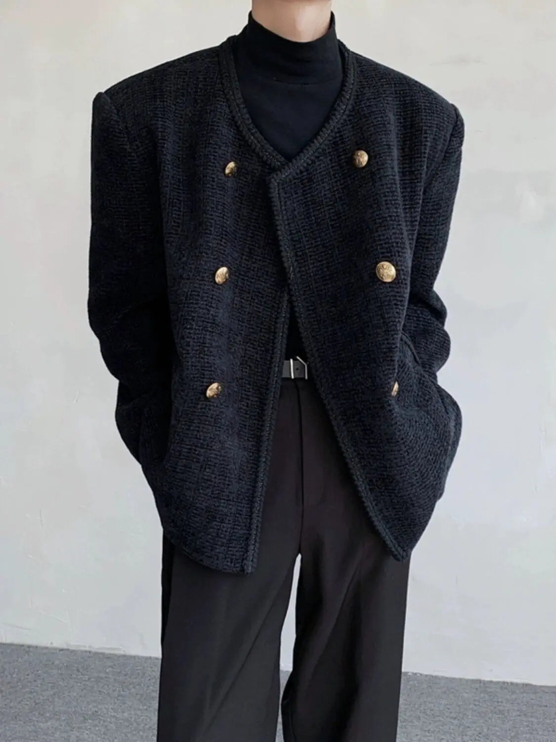 Threebooy American Elegant Blazer Coat Autumn Winter High-end Wool Suit Men's Korean Style Loose Double-breasted Suit Vintage Jacket Chic