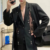 Threebooy Mens See-Through Sexy Lace Splicing Suit Autumn Genderless Youth Trend Personality Retro Metal Chain Buckle Jacket Unisex