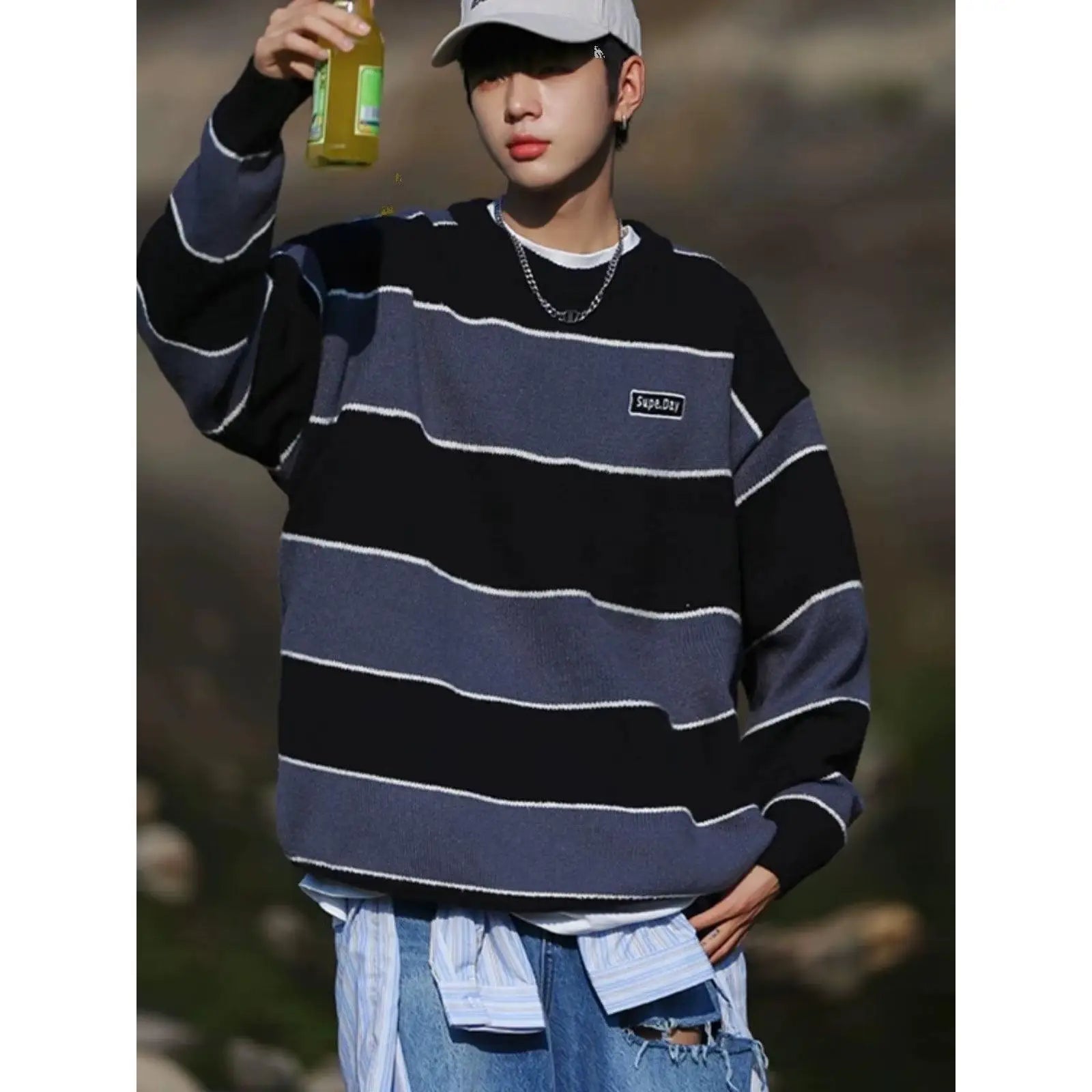 Threebooy  Hip Hop Korean Stripe Contrast Color Autumn and Winter New Fashion Sweater Men's Loose Relaxed Student Round Neck Lazy Style