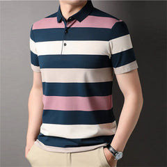 Threebooy Summer Men's Polo Shirt Fashion Striped Smart Casual Short Sleeve Tops Slim Turn Down Collar Cotton Breathable Polo Shirt Men