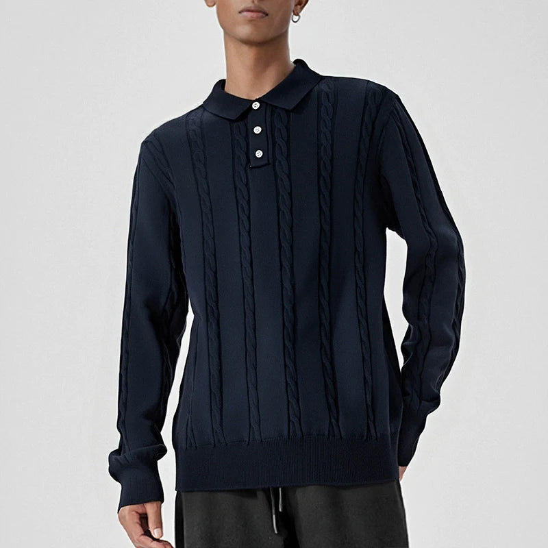 Threebooy  New Men American Retro Polo Neck Sweater Luxury Knit Long Sleeve Pullover Casual Solid Color Streetwear Jacquard Knitwear M-3XL