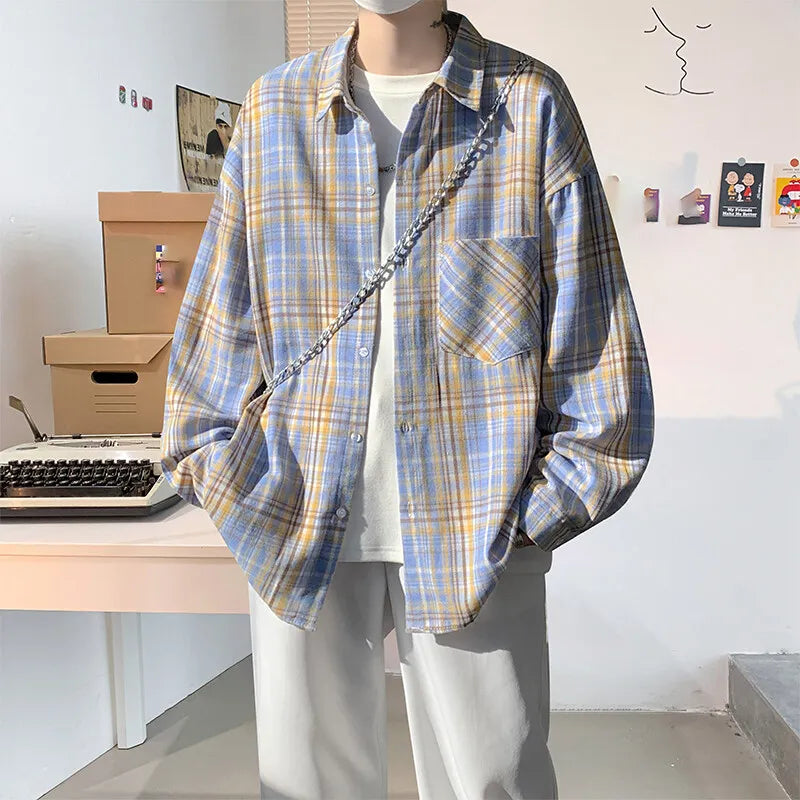 Threebooy Harajuku Long Sleeve Plaid Shirts Men Big Size M-5XL Autumn Chic Loose Vintage High Street All-match Gentleman Camisa