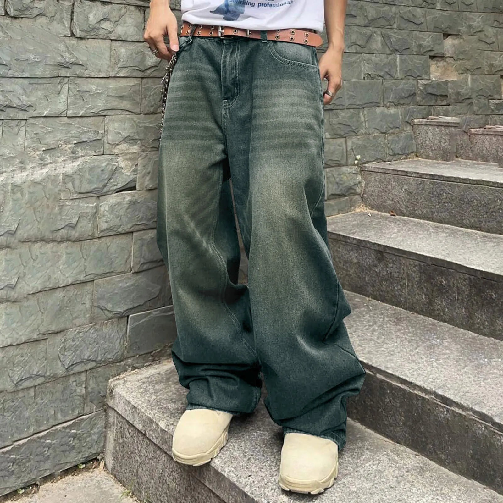 Threebooy Men Baggy Denim Pants Wide Leg High Waist Belt Casual Trousers Loose Plus Size Stylish Streetwear Men's Hip Hop Streetwear
