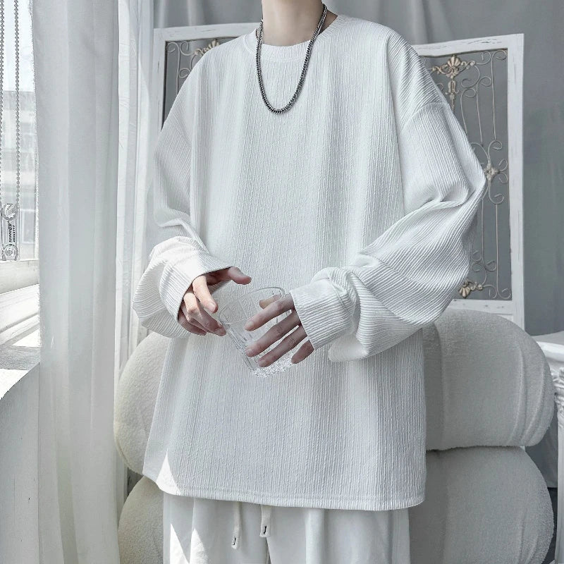 Threebooy  Korean O-neck Long Sleeve Loose T Shirts Men's New Spring Autumn Lazy Style Simplicity Pullovers Top Fashion Casual Men Clothing