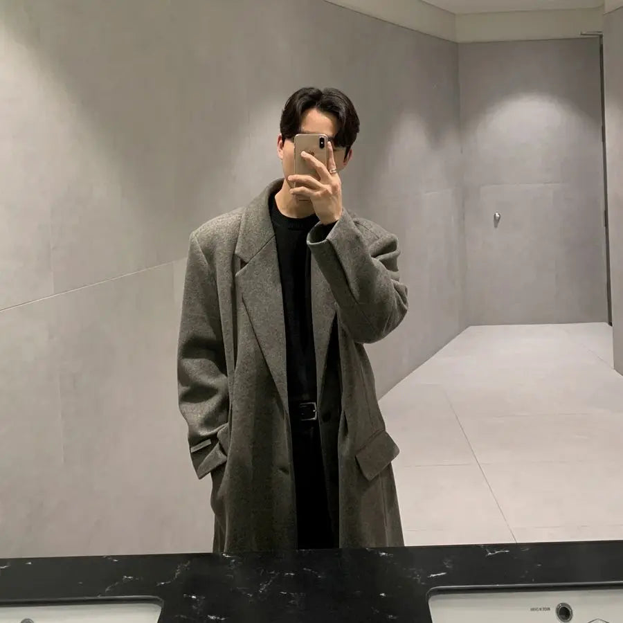 Threebooy Korean High-end Wool Coat Autumn Winter Japanese Fashionable Men Over-knee Mid-length Wool Coat Men Simple Streetwear