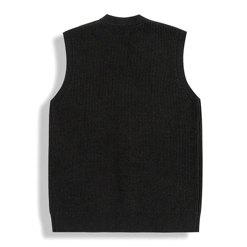 Threebooy  New Luxury Casual Men Sweater Vest Leisure Trendy Knit V Neck Button-down Solid Color Sleeveless Cardigan Retro Basic Waistcoats