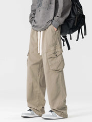 Threebooy Men's Straight Cargo Pants with 4 Pockets Washed Cotton Drawstring Elastic Waist Wide Leg Workwear Casual Pants Loose Fit