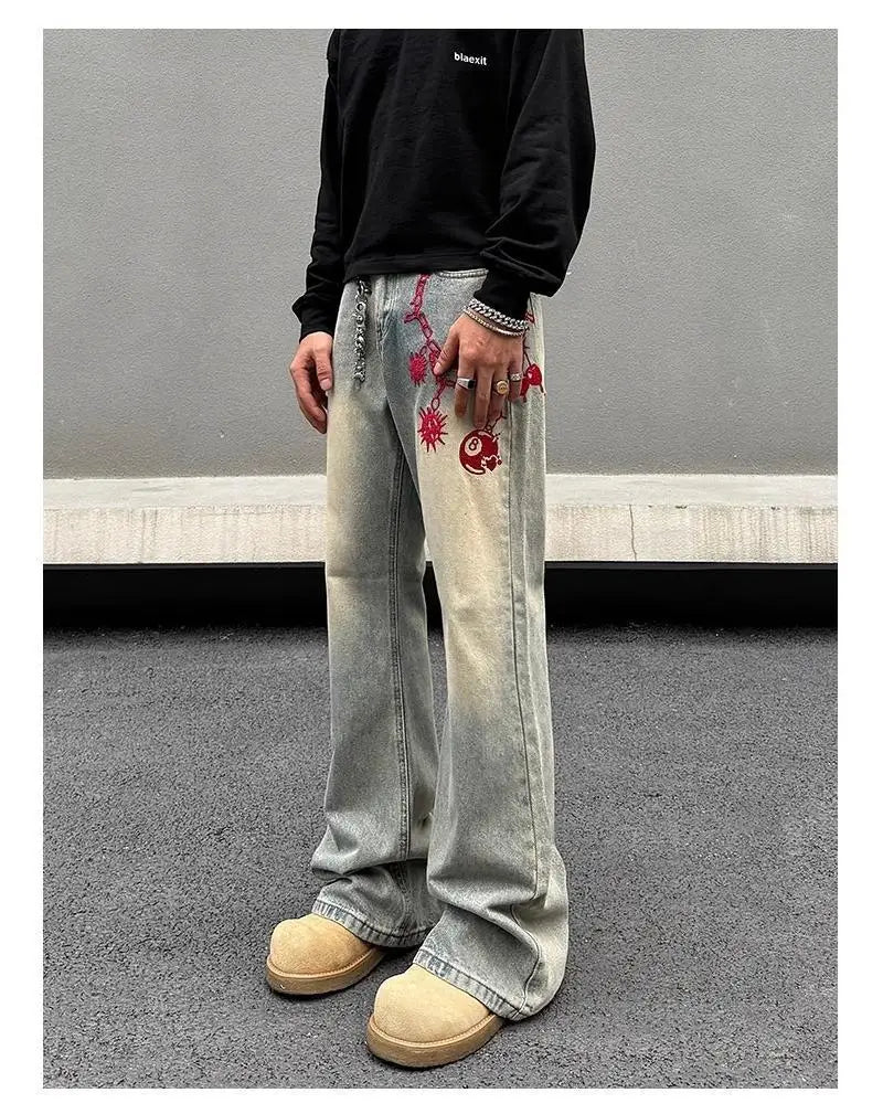 Threebooy American retro men and women trend personalized embroidered straight leg washed jeans couple spring and autumn casual pants y2k
