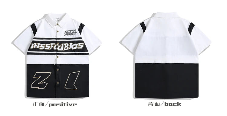 Threebooy American Retro Racing Suit Short-sleeved Shirt Men Korean Version 2025 New Fashionable High-end High-art Motorcycle Style Top