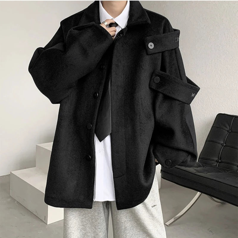 Threebooy Streetwear Woolen Coat Men's Autumn Winter Minority Lapel Jacket American Retro Loose Casual Asymmetrical Jacket