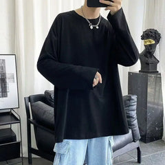 Threebooy  Long-sleeved T-shirt for Men in Autumn Loose and Versatile Solid Color Bottoming Korean Style Simple Top Casual Bottoming Shirt