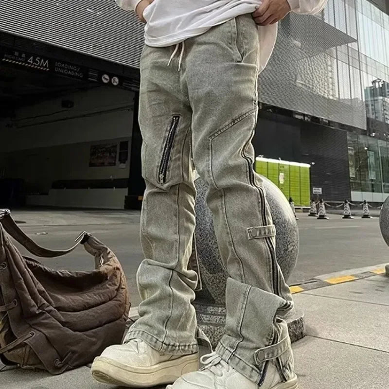 Threebooy  Distressed Washing Side Zip-up Micro Flare Jeans Niche Street Style American Vintage High-end Feel Trousers For Men Casual Scene
