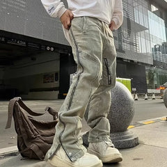 Threebooy  Distressed Washing Side Zip-up Micro Flare Jeans Niche Street Style American Vintage High-end Feel Trousers For Men Casual Scene