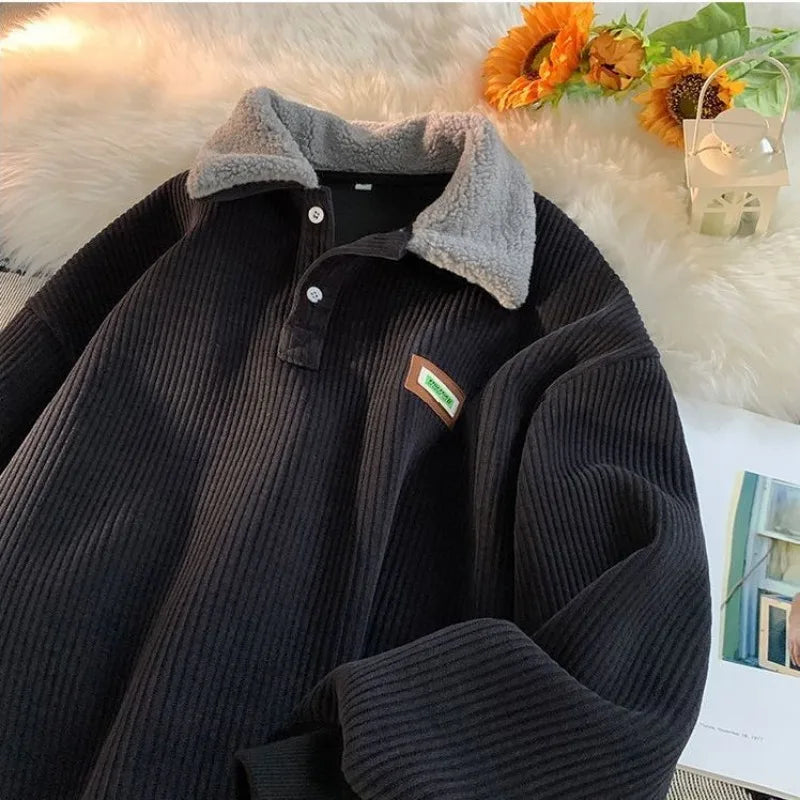 Threebooy Men's Corduroy Polo Shirt Sweater Women's Autumn Winter Fleece Thick Coat Turndown Collar Buttons Long Sleeves Warm Tops